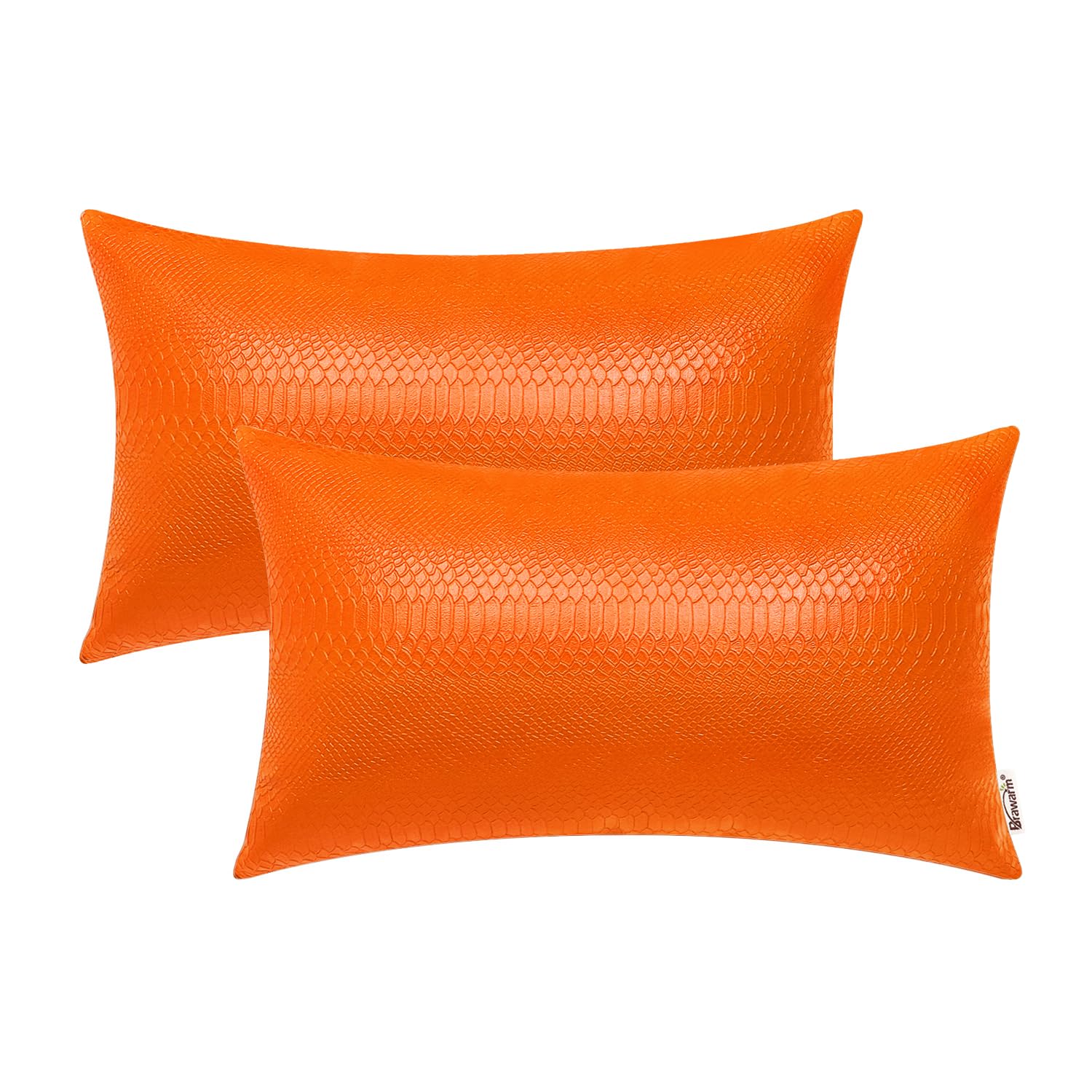 Brawarm Orange Leather Throw Pillows 12 X 20 Inches - Snake Faux Leather Pillow Covers Pack Of 2, Faux Leather Decorative Lumbar